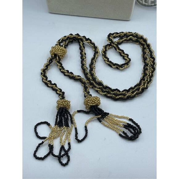 Vintage long seed bead flapper style black n gold necklace - Picture 2 of 11